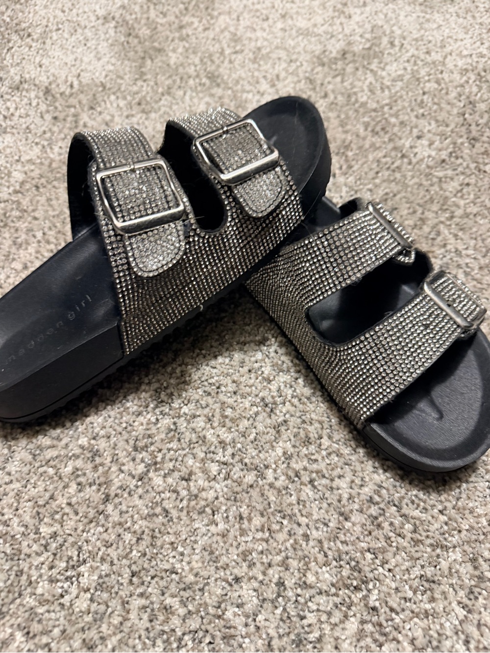 Steve Madden Silver Crystal Double-Buckle Slide Sandals